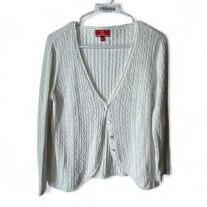 Oscar De La Renta Women's Cream Cable & Open Knit Cardigan cotton Sweater Size L